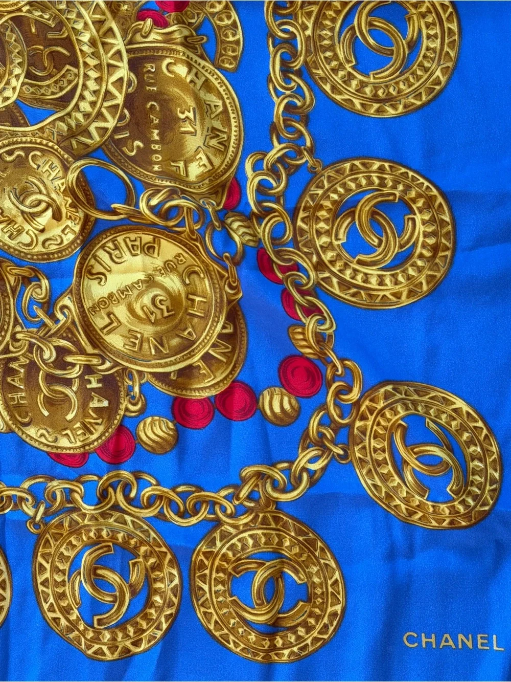 CHANEL Large Blue and Gold Coin Motif Silk Scarf